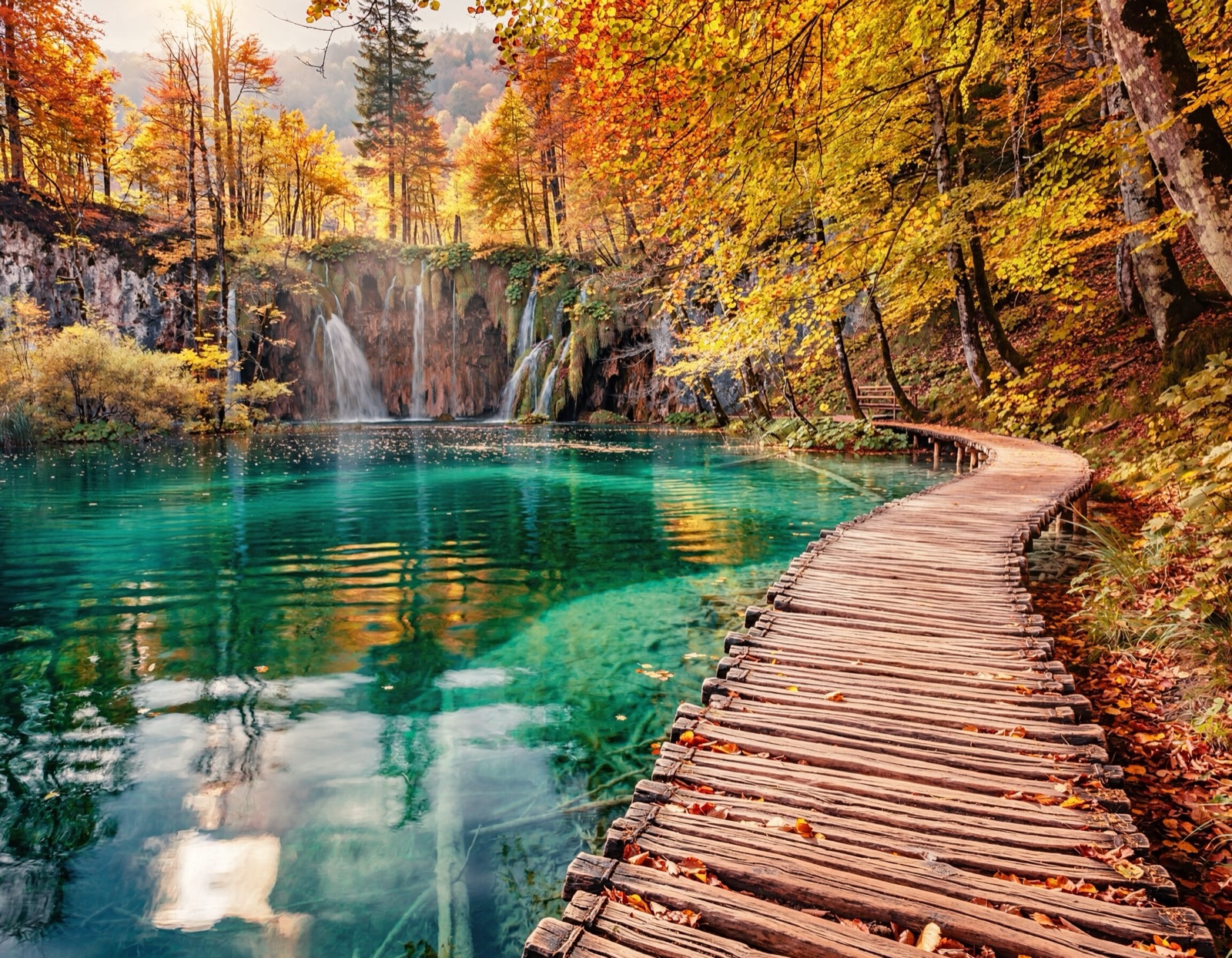 A wooden boardwalk beside a turquoise pool, with small waterfalls and trees in autumn colours